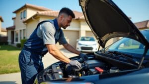 Mobile mechanic performing diagnostics on a car at a San Antonio home