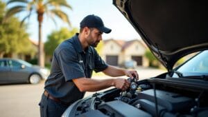 Mobile mechanic performing AC recharge on a car parked in a San Antonio driveway