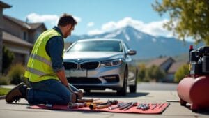 Mobile mechanic performing AC recharge on a car parked in a San Antonio driveway